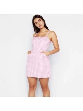 Express Pink White Gingham Square Neck Mini Dress Pockets Barbiecore M Coquette